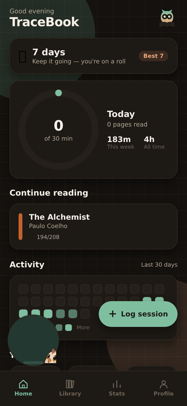 TraceBook home screen with streak and daily goal